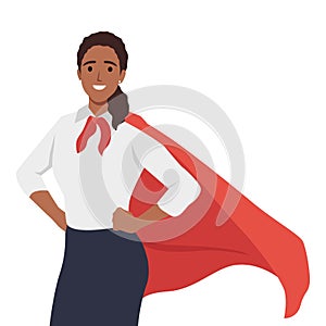 Young woman business lady wearing super hero cloak. Woman power, lady business, brave woman