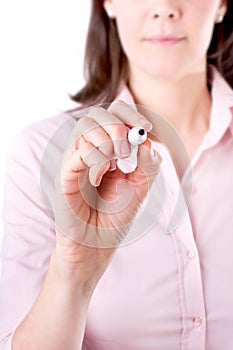 Young woman business writing something, on the screen isolated on white background.