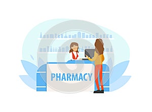 Young Woman Buying Medicine in Pharmacy, Female Pharmacist Standing Behind Counter Vector Illustration