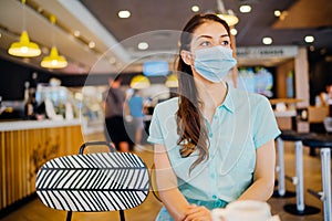 Young woman in cafe public place wearing the protective face mask.Mandatory mask wearing.Safety measures following in the indoor