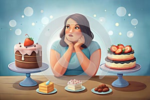 Young woman and cake. Overweight problem