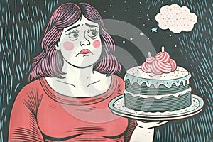 Young woman and cake. Overweight problem
