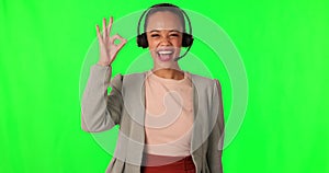 Young woman, call center agent and green screen with ok sign, icon or emoji for vote in consulting mockup. Girl