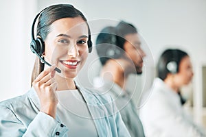 Young woman, call center and microphone in portrait with smile, consulting and customer service agency. Girl