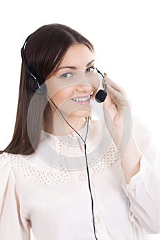 Young woman, call center operator with headset on white background