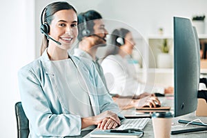 Young woman, call center and portrait with smile, consulting and customer service with computer in office. Girl