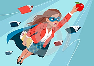 Young woman in cape and mask flying through air in superhero pose, looking confident and happy, holding an apple and folder with