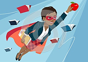 Young woman in cape and mask flying through air in superhero pose, looking confident and happy, holding an apple and folder with