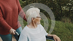 Young woman caregiver pushing and old lady in the wheelchair in the park