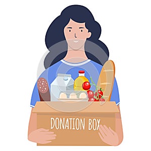 Young woman carries a box of food. Social care, volunteering and charity concept. Flat vector illustration isolated on