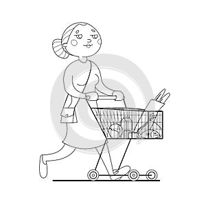 Young woman carries a cart with groceries. Mom walks around the store, buys groceries, food. Contour vector image. For coloring