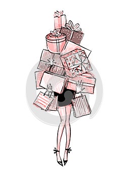 Young Woman carrying a bunch of gifts and carry bags, stylish fashion sketch, christmas illustration, birthday, holiday