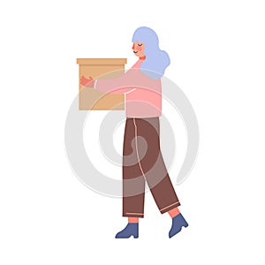 Young Woman Carrying Cardboard Box, Girl Moving to New Home Vector Illustration