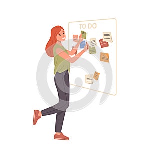 Young woman cartoon business character sticking adhesive note stickers on wall scrum board