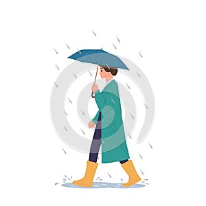 Young woman cartoon character with umbrella walking on puddle under raindrops isolated on white
