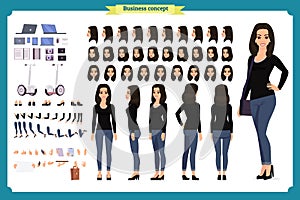 Young woman, casual clothes. Character creation set. Full length, different views, emotions, gestures, isolated. design. photo