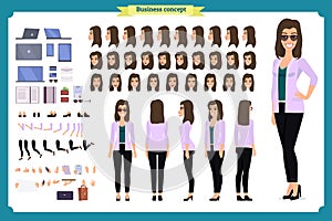 Young woman, casual clothes. Character creation set. Full length, different views, emotions, gestures, isolated. design.