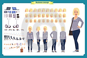 Young woman, casual clothes. Character creation set. Full length, different views, emotions, gestures, isolated. design.