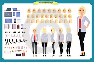 Young woman, casual clothes. Character creation set. Full length, different views, emotions, gestures, isolated. design.