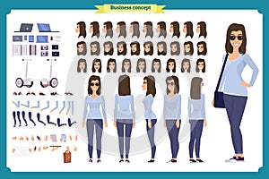 Young woman, casual clothes. Character creation set. Full length, different views, emotions, gestures, isolated. design.