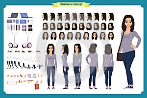 Young woman, casual clothes. Character creation set. Full length, different views, emotions, gestures, isolated. design.