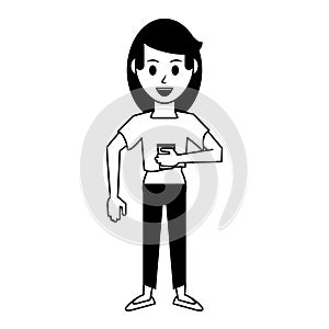Young woman with casual clothes holding coffee cup cartoon in black and white