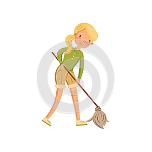 Young woman in casual clothing cleaning the floor with a mop, housewife in housework activity cartoon vector