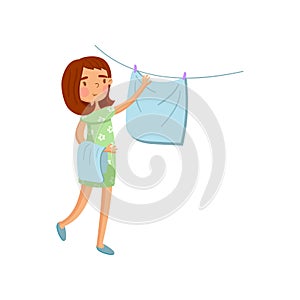 Young woman in casual clothing hanging wet clothes out to dry, housewife in housework activity cartoon vector