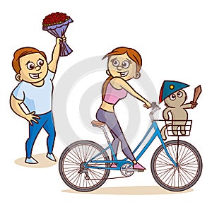 Young woman and a cat on a bicycle. A man with flowers waving his hand