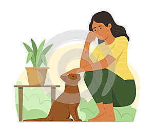 Young Woman and Cat Living Outdoor