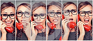 Young woman changing emotions from happy to angry while answering the phone