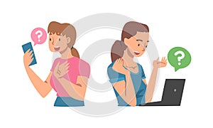 Young Woman Character Asking Question Using Internet Search System on Her Laptop and Smartphone Vector Set