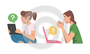 Young Woman Character Asking Question Using Internet Search System on Her Laptop Vector Set