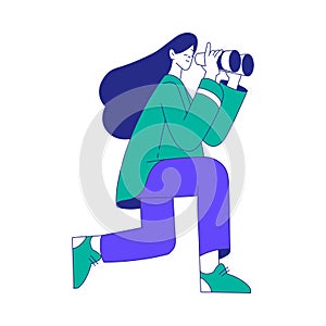 Young Woman Character at the Crossroads Look in Binoculars and Thinking Vector Illustration