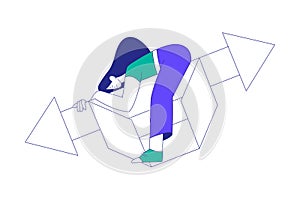 Young Woman Character at the Crossroads Lying on Arrow and Thinking Vector Illustration