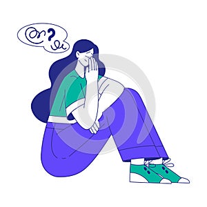 Young Woman Character at the Crossroads with Question Mark Sitting and Thinking Vector Illustration