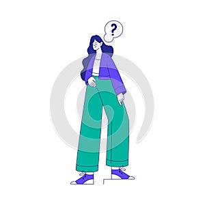 Young Woman Character at the Crossroads with Question Mark Standing and Thinking Vector Illustration