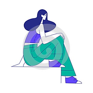 Young Woman Character at the Crossroads Sitting and Thinking Vector Illustration