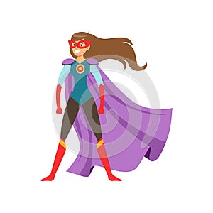 Young woman character dressed as a super hero standing in the traditional heroic pose cartoon vector Illustration