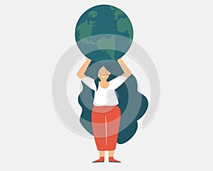 Young woman character embraces and holds the green planet. Flat girl cares the earth. Vector illustration