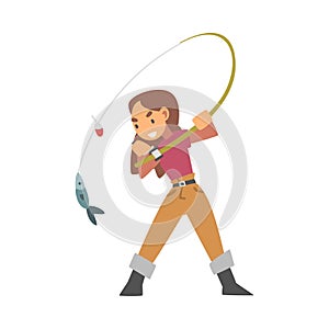 Young Woman Character in Fisherman Boots with Angling Rod Fishing Vector Illustration