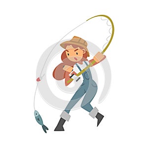 Young Woman Character in Fisherman Boots with Angling Rod Fishing Vector Illustration