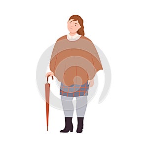 Young Woman Character Having Corpulent Body Wearing Poncho Standing Leaning on Furled Umbrella Full Length Vector