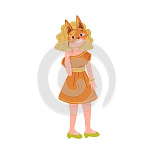 Young Woman Character Holding Animal Snout on Pole as Party Birthday Photo Booth Prop Vector Illustration