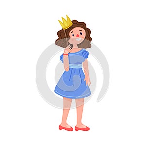 Young Woman Character Holding Crown on Pole as Party Birthday Photo Booth Prop Vector Illustration