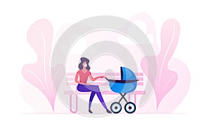 Young Woman Character in Medical Mask Sitting on Bench with Baby Stroller Lulling Child in Park