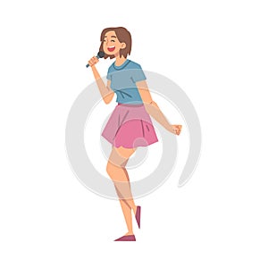 Young Woman Character Musician and Singer Performing Music Singing with Microphone Vector Illustration