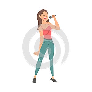 Young Woman Character Musician and Singer Performing Music Singing with Microphone Vector Illustration