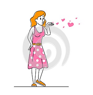 Young Woman Character in Pink Dress Send Air Kiss with Flying Hearts Isolated on White Background