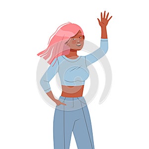 Young Woman Character with Pink Hair Posing for Selfie Smiling for the Camera and Waving Hand Vector Illustration